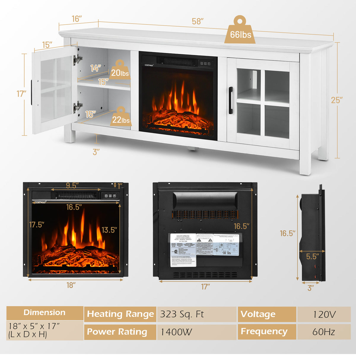 58" Fireplace TV Stand for TVs up to 65 Inches, Wooden TV Console with 18” Electric Fireplace Insert