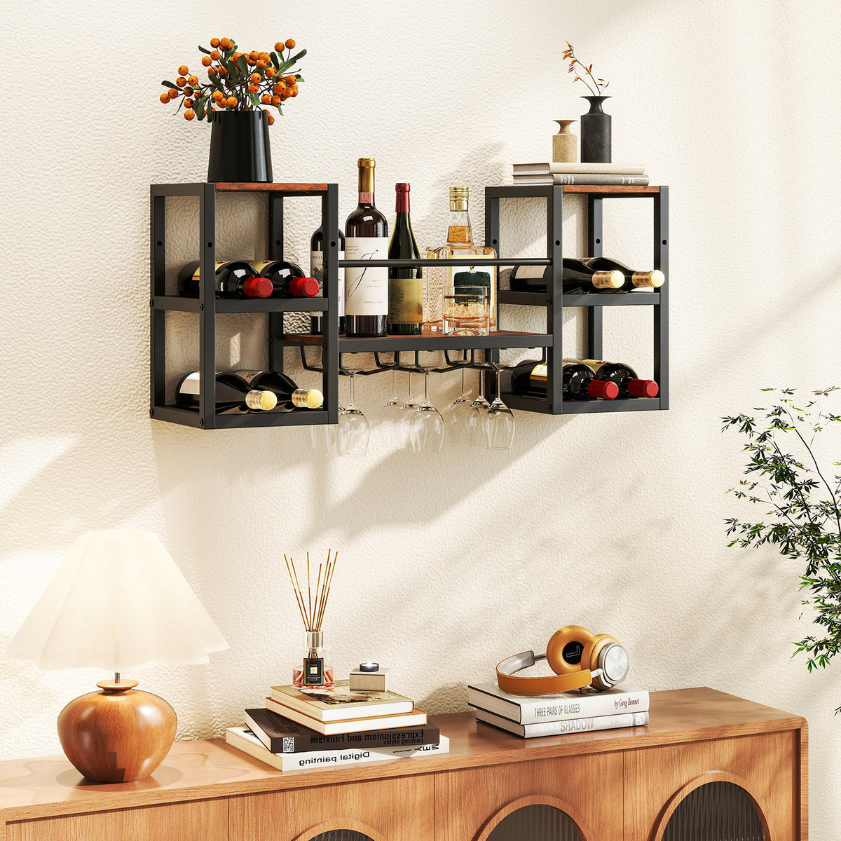 Wall Mounted Wine Rack with Glass Holder, Heavy-Duty Metal Frame 8-Bottle Holder with Open Shelf