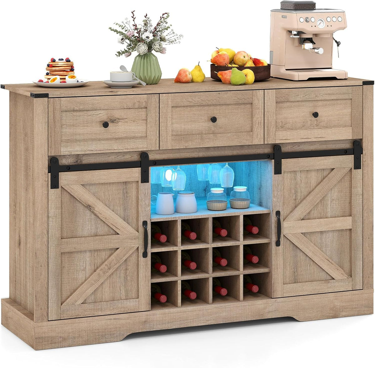 Goflame Wine Bar Cabinet with LED Lights 52" Buffet Sideboard w/Sliding Barn Door 3 Drawer