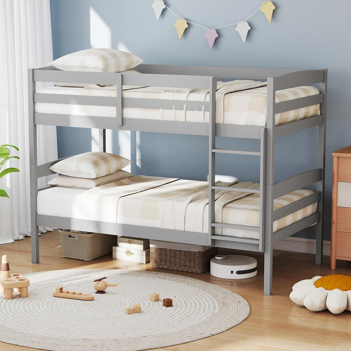 Goflame Bunk Bed, Solid Wood Detachable Bed Frame with High Guardrails & Integrated Ladder