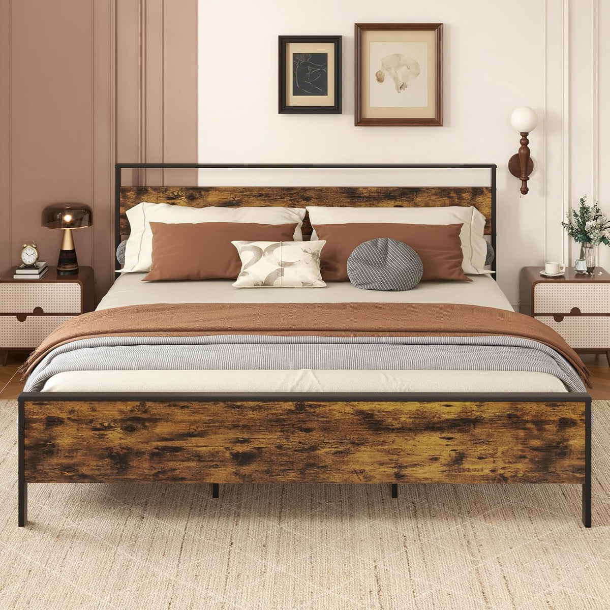 Goflame Twin Size/Full Size/King Size/Queen Metal Platform Bed Frames with Wooden Headboard & Footboard
