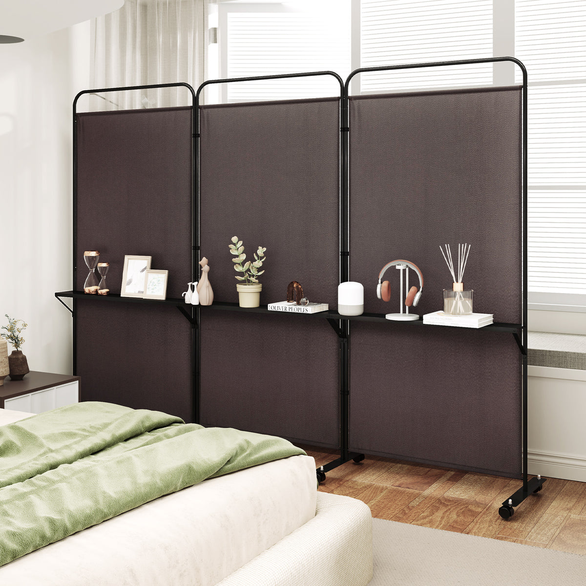 3 Panel Room Divider with Storage Shelves, 6FT Folding Privacy Screen with Lockable Wheels