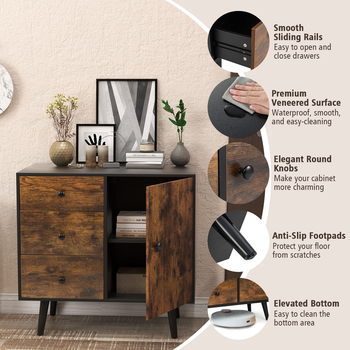 Storage Cabinet with Door & 3 Drawers, Mid-Century Floor Cabinet with Adjustable Shelf