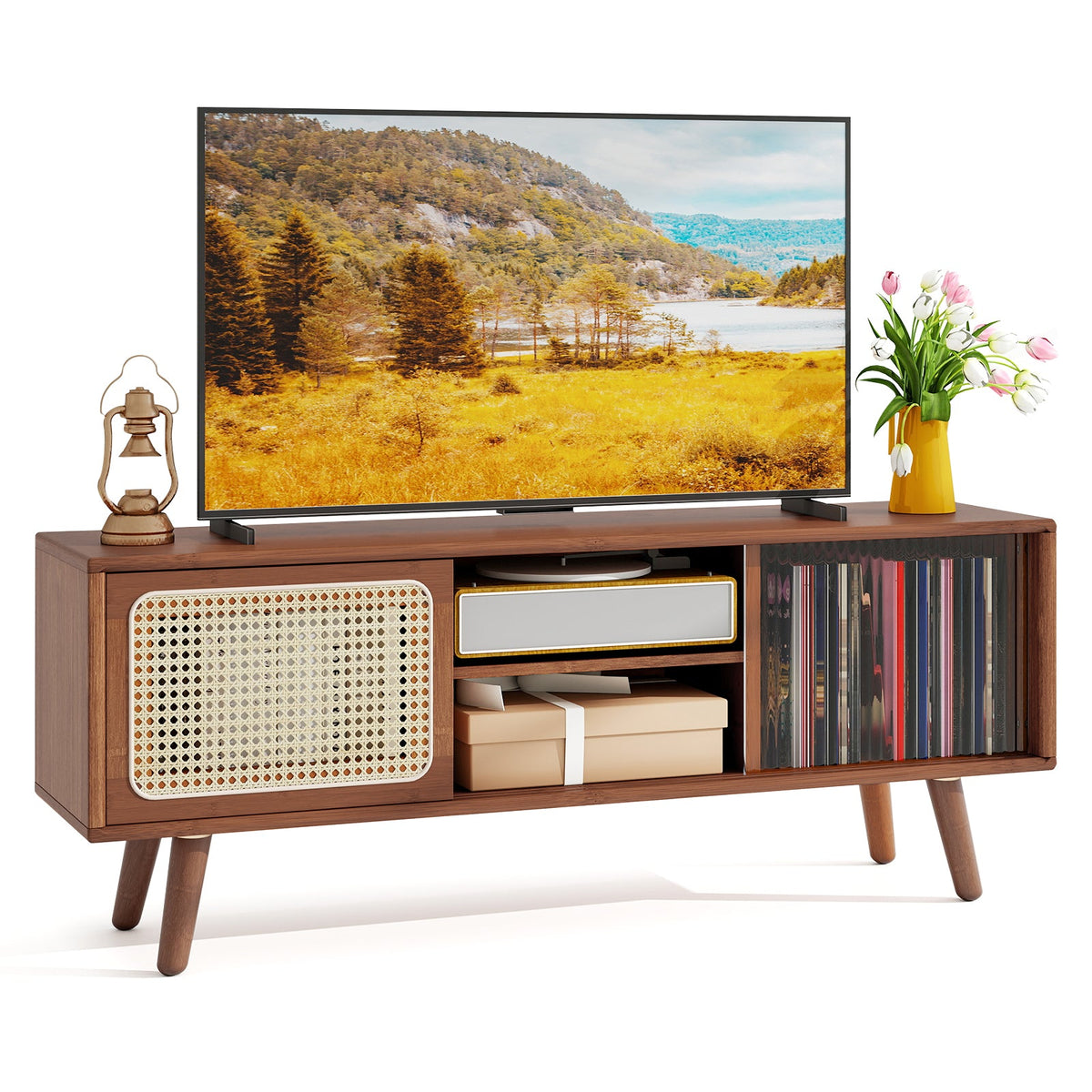Goflame TV Stand for Living Room TVs up to 55”- Bamboo Entertainment Center
