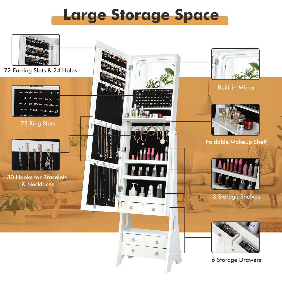 Jewelry Cabinet Freestanding, 3-Color LED Jewelry Armoire with Full-Length Frameless Mirror