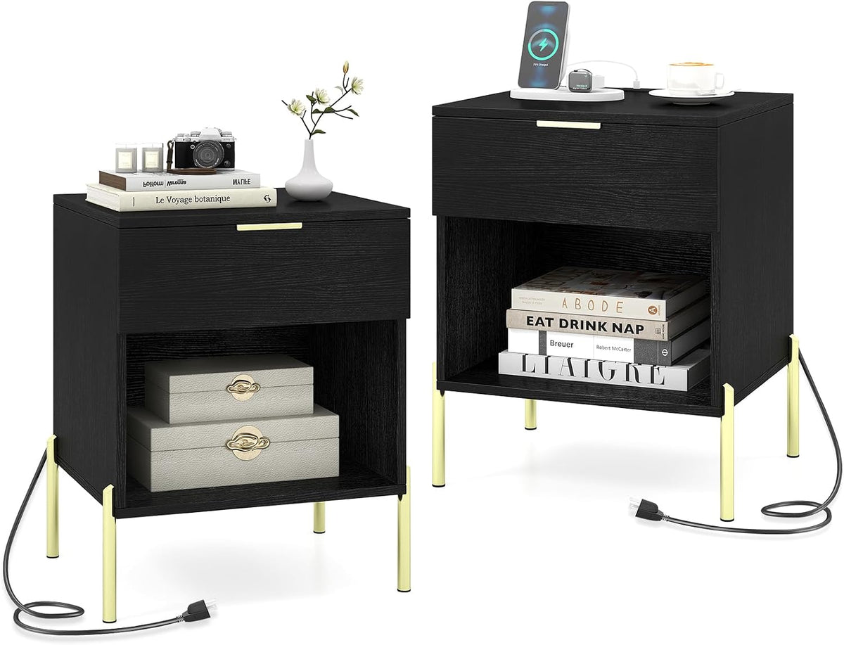 Goflame Mid Century Modern Nightstand with Charging Station