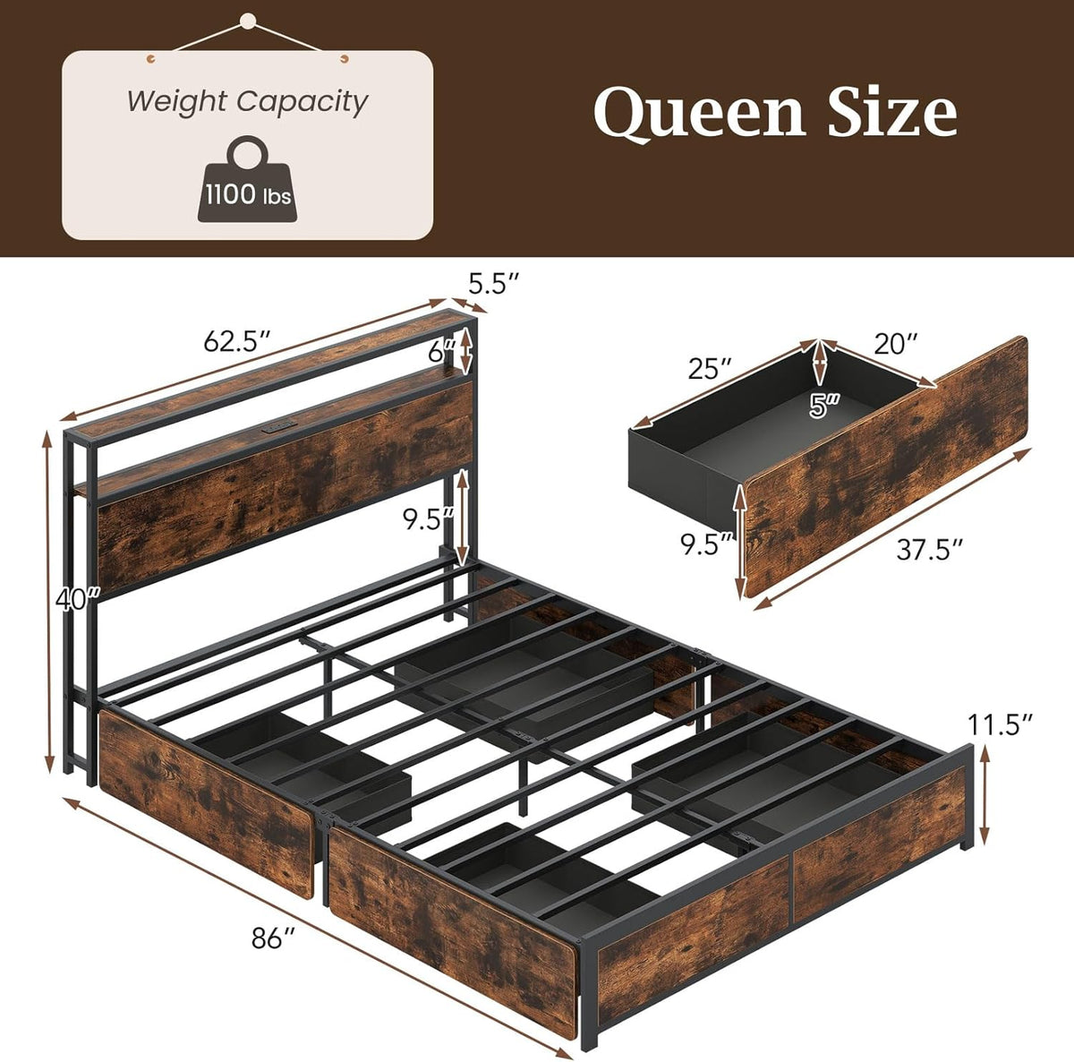 Goflame Queen/Full Size LED Bed Frame with Charging Station & 4 Storage Drawers