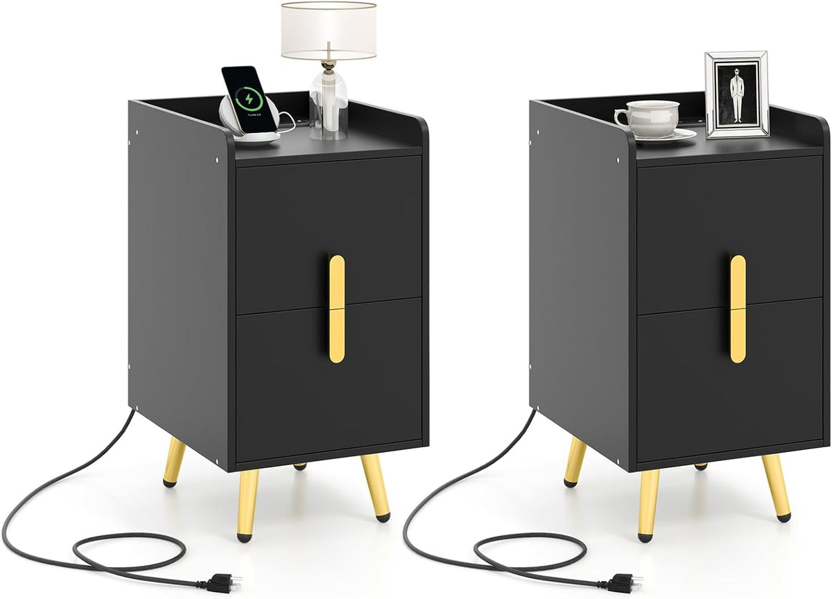 Goflame Nightstand with Charging Station, Narrow End Table with 2 Drawers & Metal Gold Legs