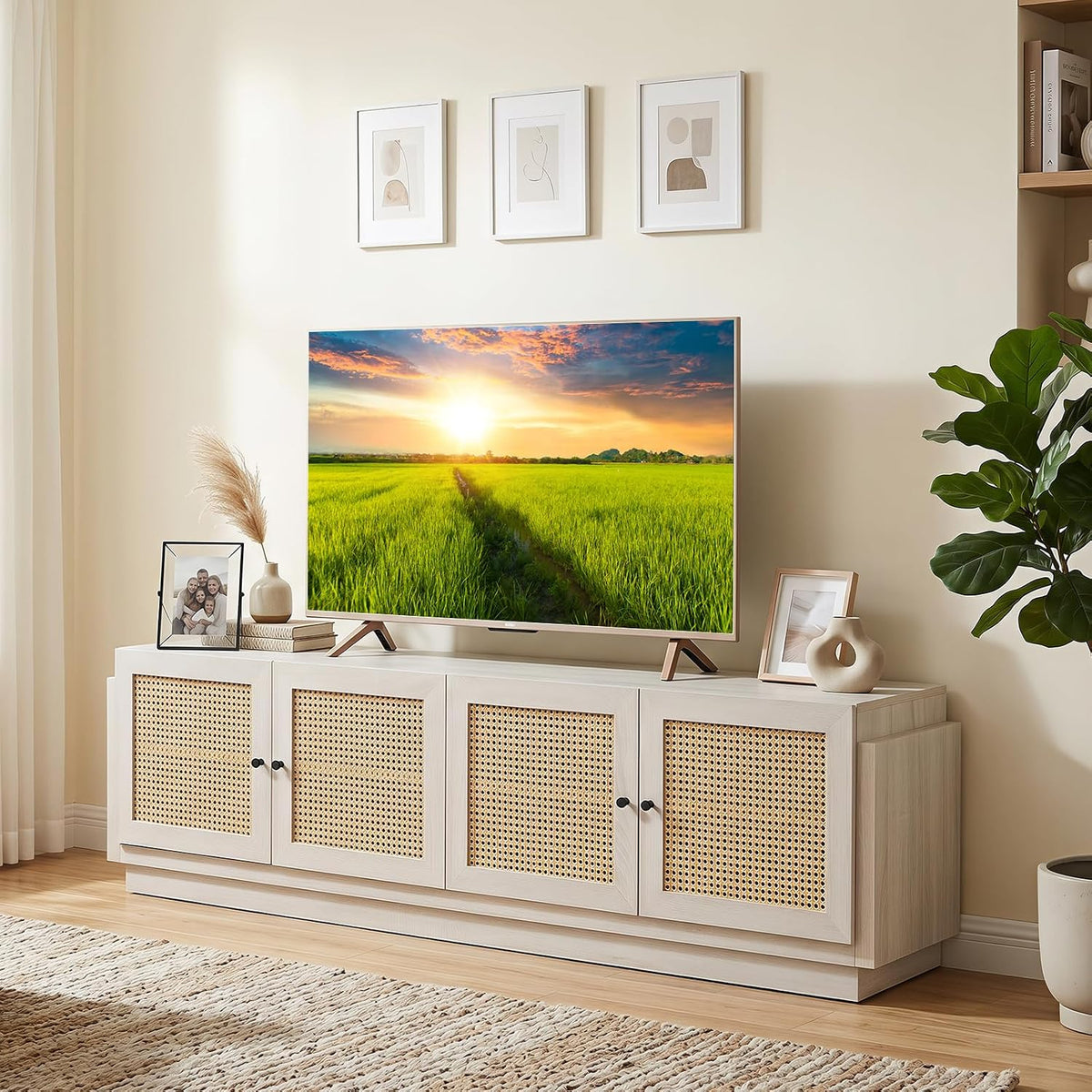 Goflame 4-Door PE Ratta TV Stand for TVs up to 75" with 2 Cabinets
