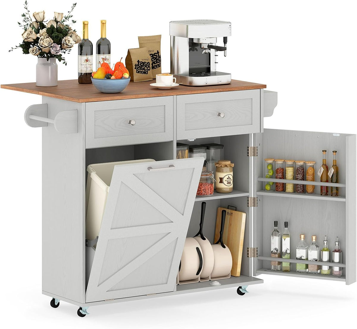 Goflame Kitchen Island Cart with Hidden Tilt Out Trash Can Cabinet, Drop Leaf, 2 Drawers, Towel Rack