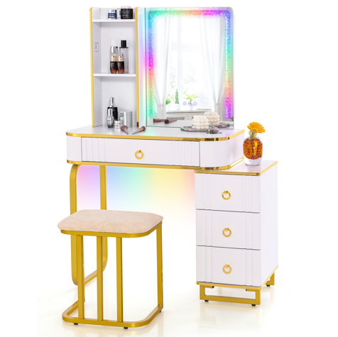 RGB Vanity Table Set with Mirror and Lights, Makeup Vanity Desk with Dimmable LED Lights
