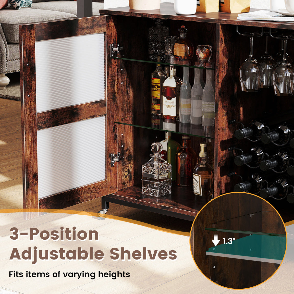 Wine Bar Cabinet with Wheels and LED Lights, Industrial Coffee Bar Cabinet for Liquor