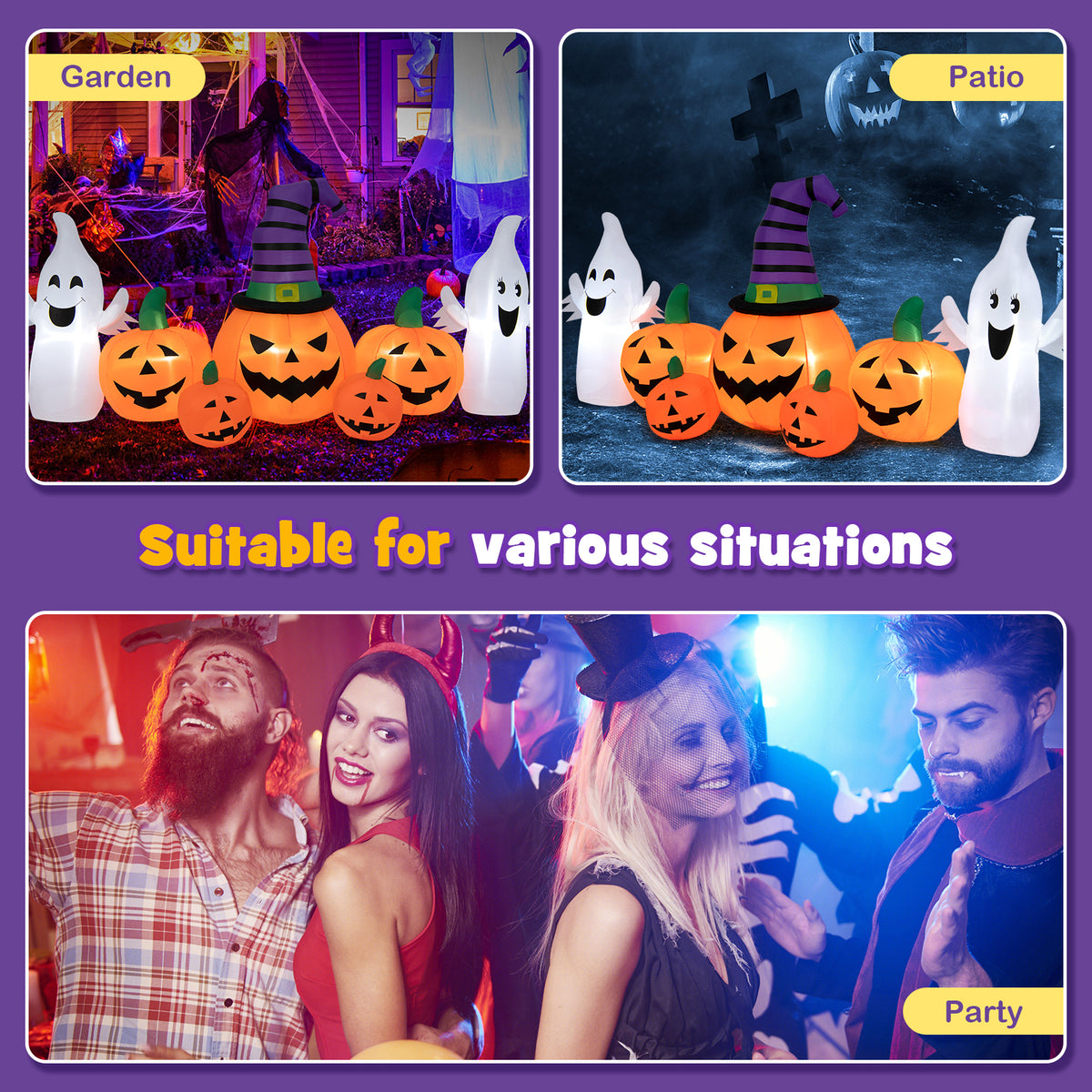 9FT Long Halloween Inflatable Pumpkin with 2 Ghosts, Blow up Yard Decoration with Built-in LED Lights