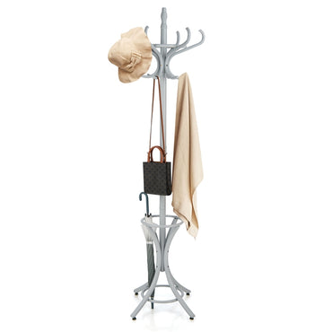 73" Coat Rack Freestanding, Wooden Coat Tree with 12 Hooks and Umbrella Stand