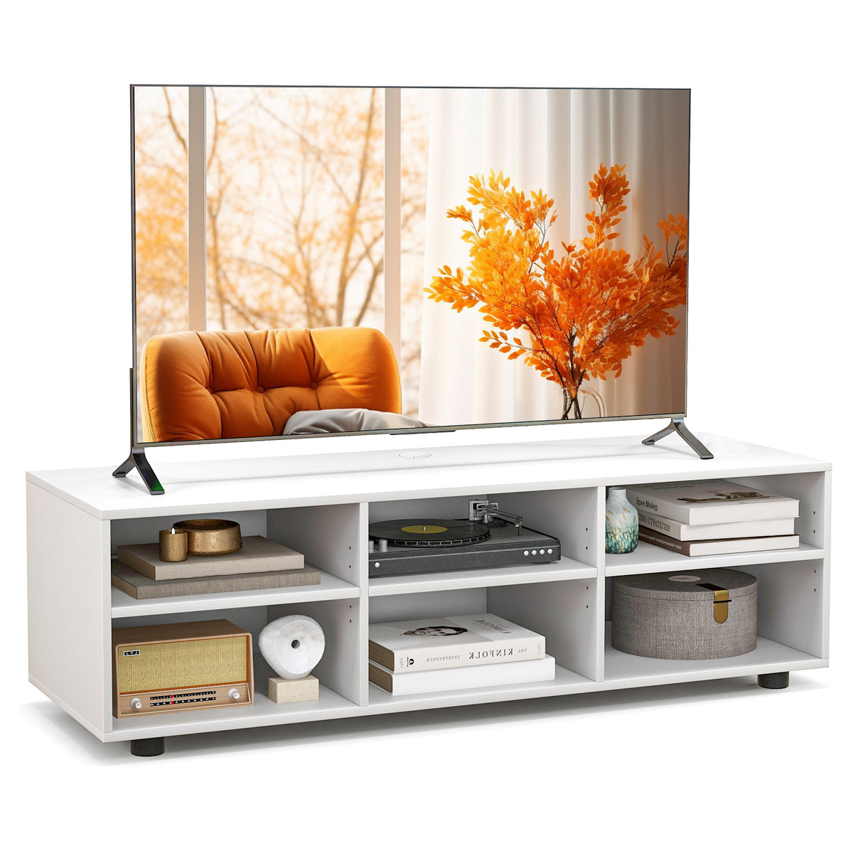 6-Cubby TV Stand for TVs up to 50 Inches, White TV Console Table with Adjustable Shelves