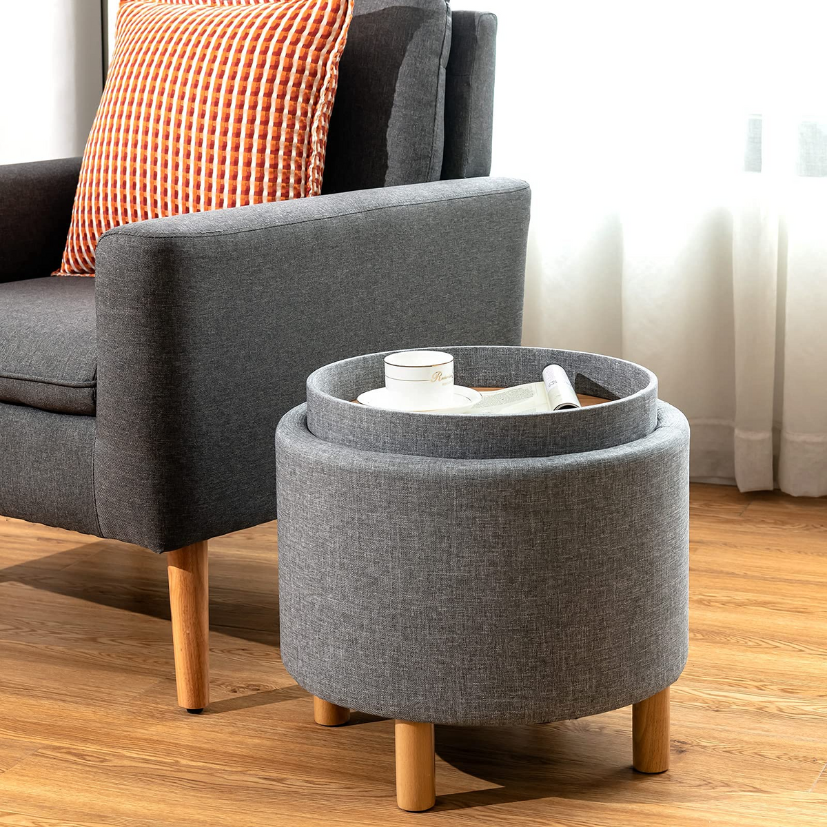Goflame Round Storage Ottoman with Tray, Accent Storage Footstool w/ Soft Padding