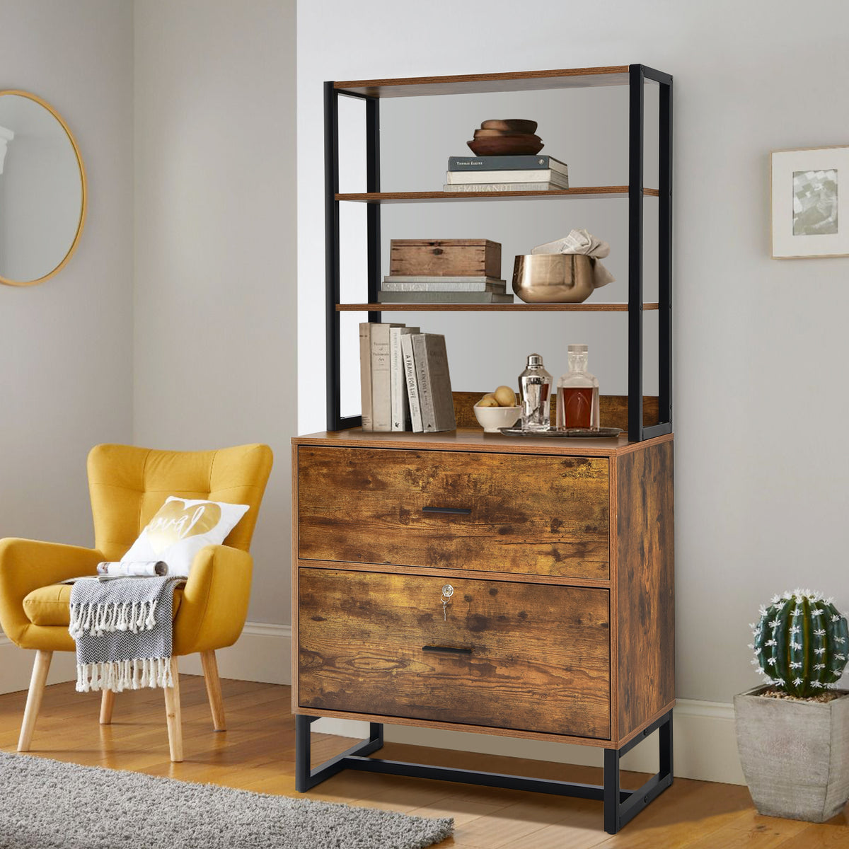 2 Drawer File Cabinet with Open Shelves, Letter Size Large Modern Filing Printer Stand with Lock