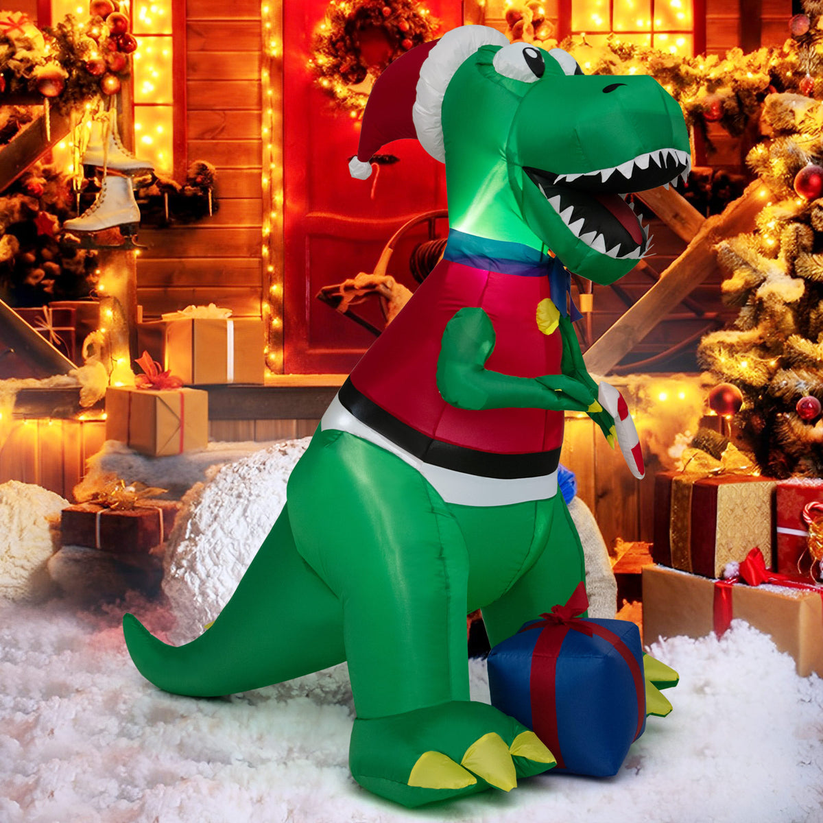 6 FT Christmas Inflatable Dinosaur with Gift, Blow Up Xmas Decoration with LED Lights