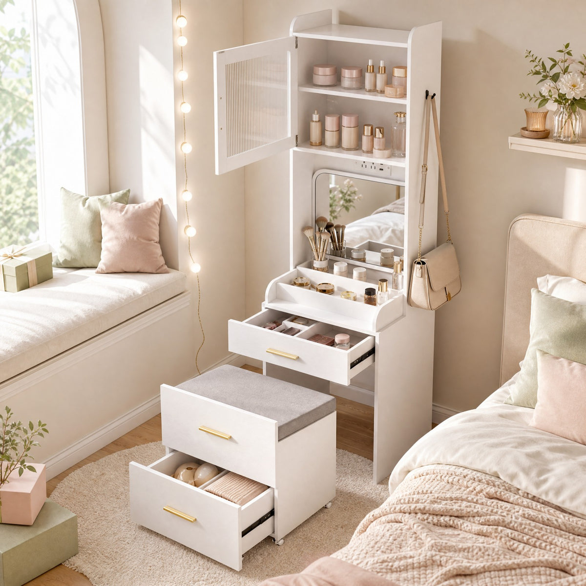 3-in-1 Vanity Desk with Flip Top Mirror, Hidden Rolling Chair, Charging Station