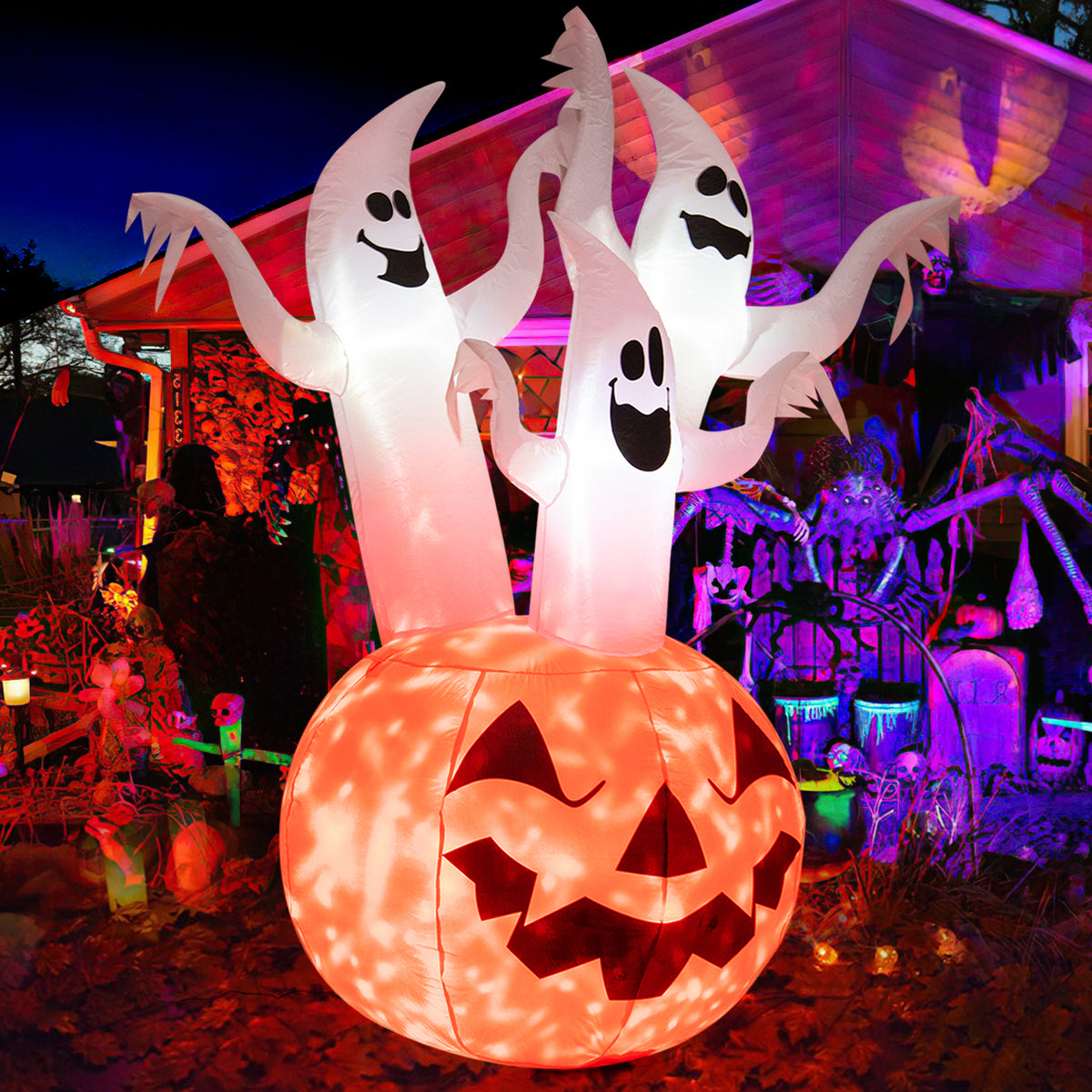 6FT Halloween Inflatable 3 Ghosts in Pumpkin, Blow Up Yard Decoration with Built-in LED Lights & Blower