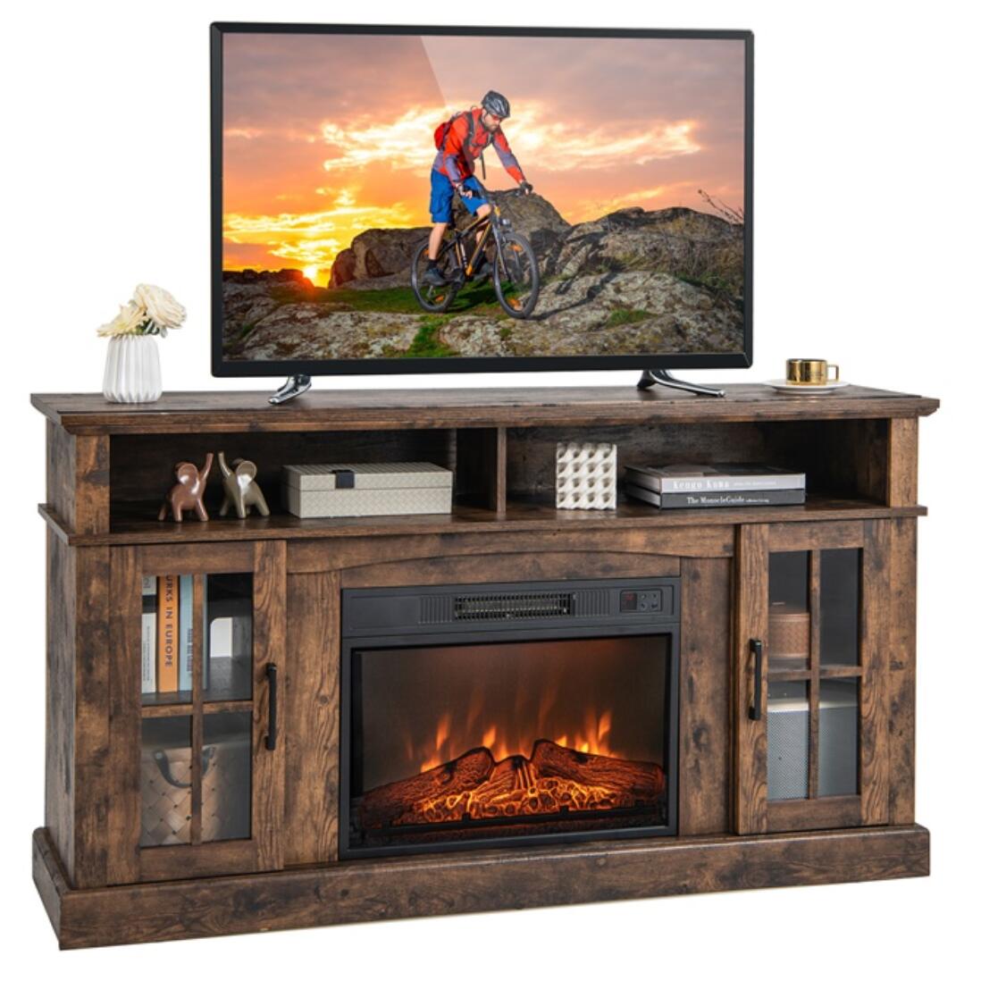 58" TV Stand with Electric Fireplace Insert, Fireplace Entertainment Center with Side Cabinets & Adjustable Shelves