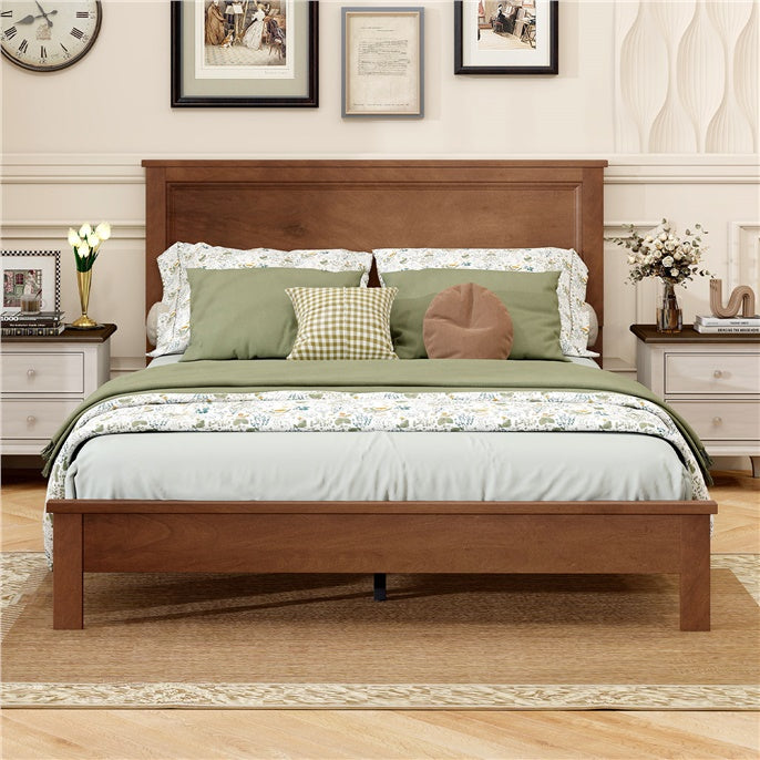 Twin Size Wood Bed Frame, Mid-Century Modern Platform Bed with Headboard