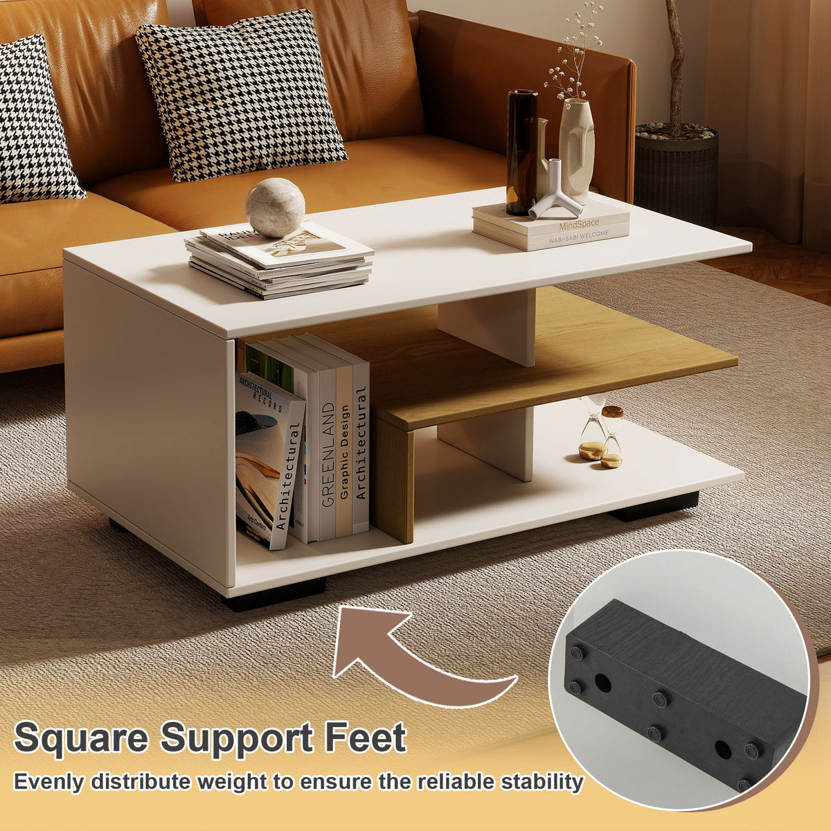 Rectangular Coffee Table for Living Room, 3-Tier Wood Center Table with Storage