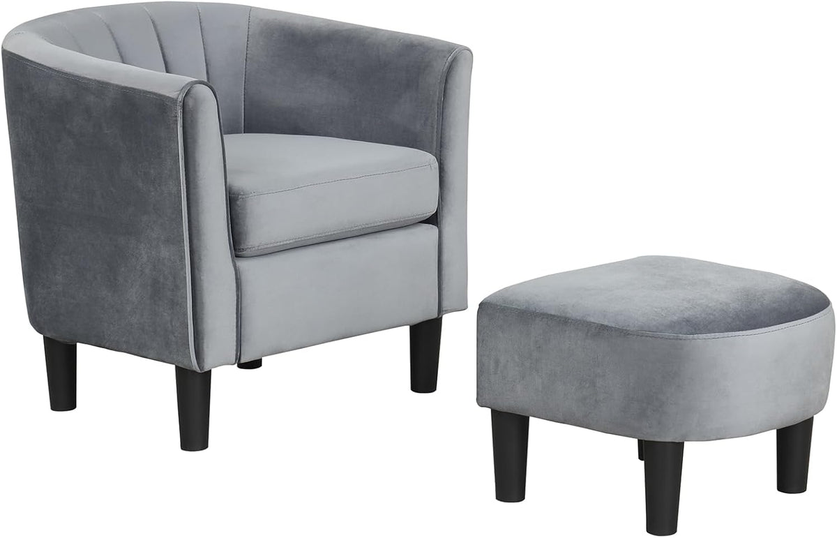 Goflame Modern Accent Chair with Ottoman, Upholstered Teddy Velvet Barrel Club Chair w/Footrest