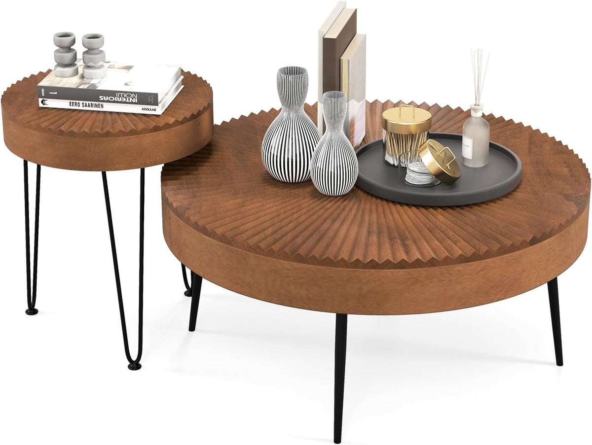 Goflame Round Coffee Table Set of 2 - Sofa Side Nesting Table w/Solid Pine Wood Top