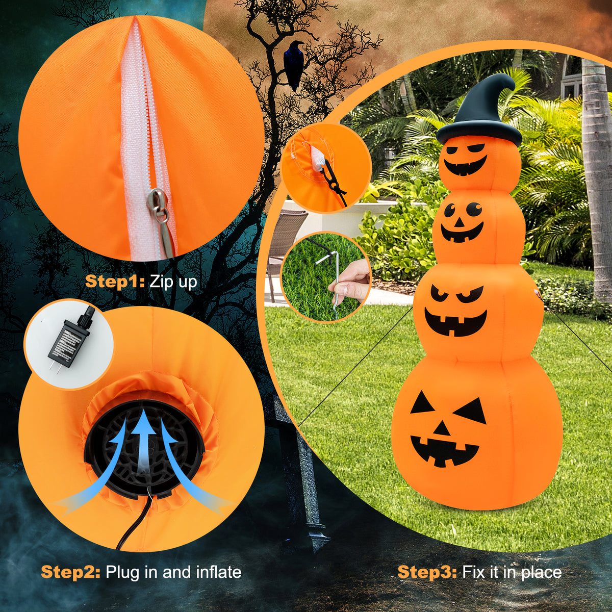 8Ft Halloween Inflatable Stacked Pumpkins with Witch Hat, Blow-up Holiday Decoration with Built-in LED Lights