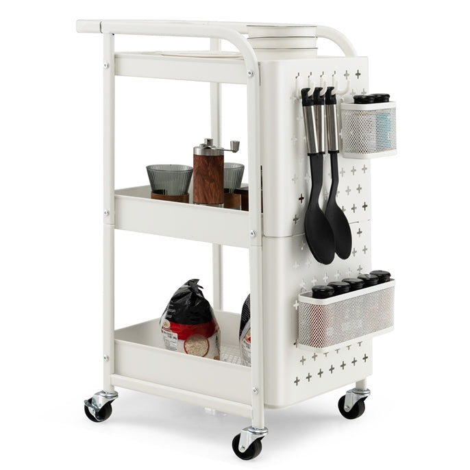 3-Tier Rolling Storage Cart with DIY Dual Pegboards, 2 Baskets, 4 Removable Hooks