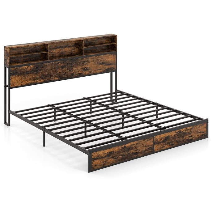 Full Size Bed Frame with Storage Headboard, Metal Platform Bed Base with Charging Station & Under Bed Storage