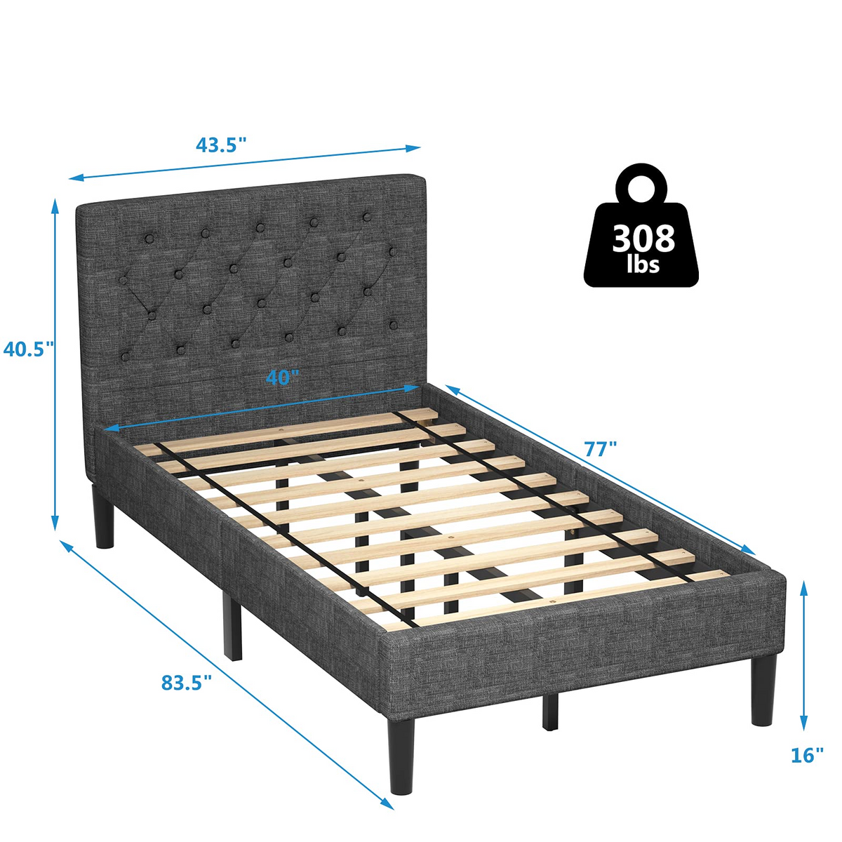 Elegant & Modern Style Twin Size Upholstered Stable Bed Base with Button Stitched Headboard