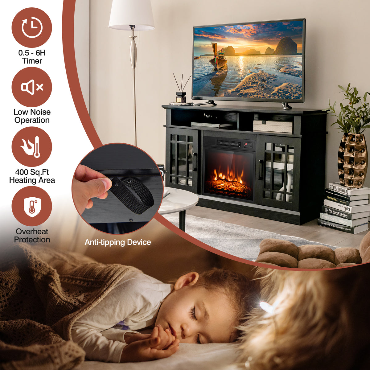Fireplace TV Stand for TV up to 55 Inches, Freestanding Wood Entertainment Center with 18” Electric Fireplace