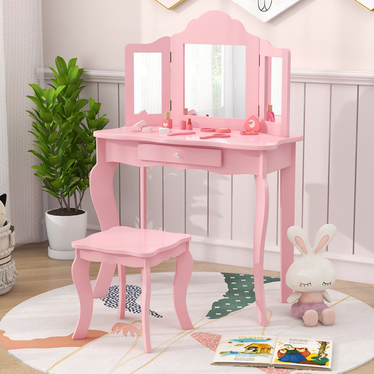 Wooden Vanity Table with Tri-Folding Mirror and Stool for Kids, Writing Table with Detachable Top and Large Capacity Drawer