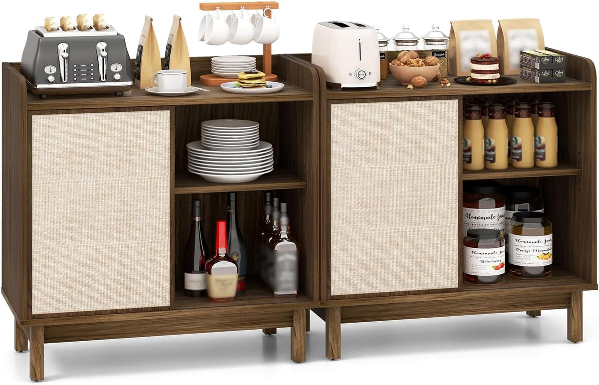 Goflame Sideboard Cabinet, Farmhouse Buffet Storage Cabinet with Sliding Rattan Door, 2 Adjustable Shelves