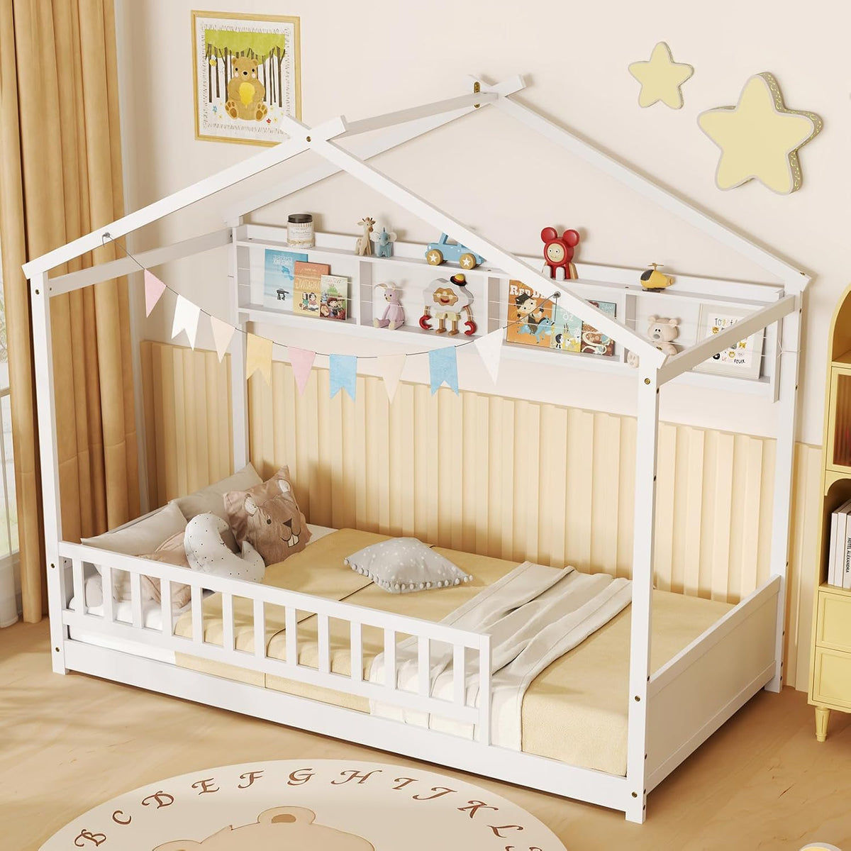 Goflame Twin Floor House Bed with Storage Shelf, Wood Twin Bed Frames with Headboard & Guardrail