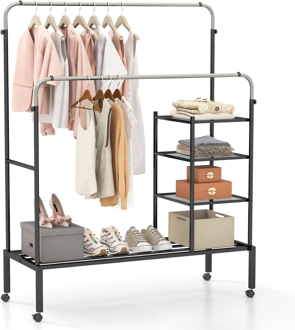 Goflame Double Rods Garment Rack with Wheels, Clothing Rack w/ 2 Hanging Height Adjustable Rods, Side Mesh Racks