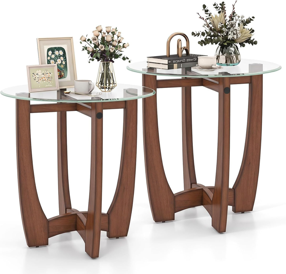 Goflame Glass End Table, Round Side Table with Rubber Wood Frame & Tempered Glass Top, 23.5" Small Black Coffee Table