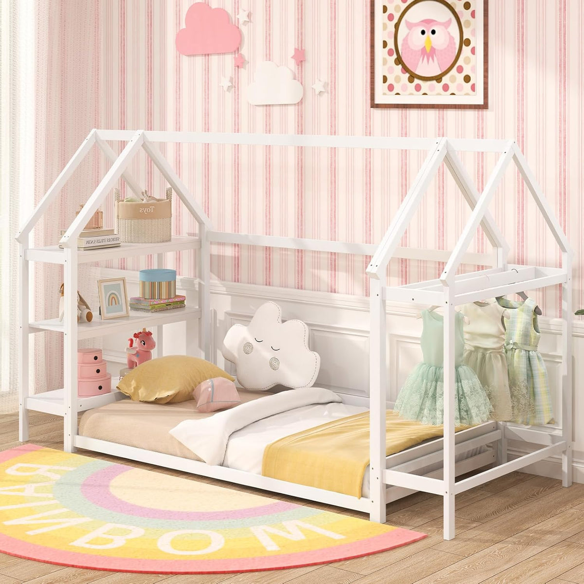 Goflame Twin Floor Bed, Wood Montessori Floor Bed with Detachable 3 Tier Storage Bookshelf & Clothes Rack