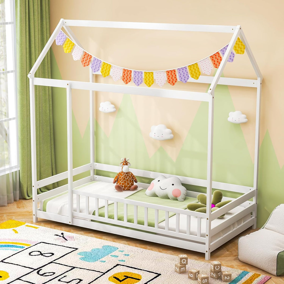 Goflame Twin Floor Bed with Fence, Wood Montessori Bed with Safety Guardrails and 80.5" High Roof Design