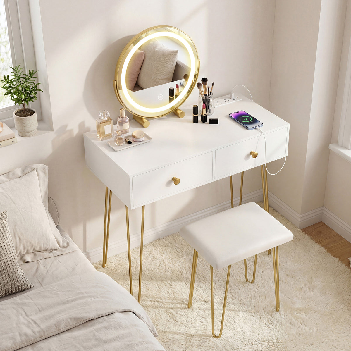 Vanity Desk with Mirror & Charging Station, Dressing Table with 2 Drawers