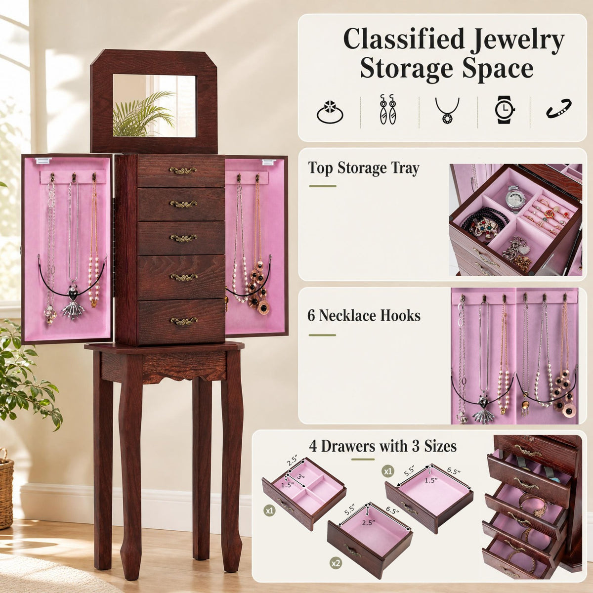 Jewelry Armoire Cabinet with Flip Top Mirror, Standing Jewelry Chest, Top Storage Tray