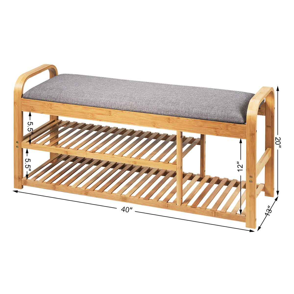 Goflame Shoe Rack Bench, Entryway 3-Tier Bamboo Shoe Organizer with Cushion (Natural and Grey)