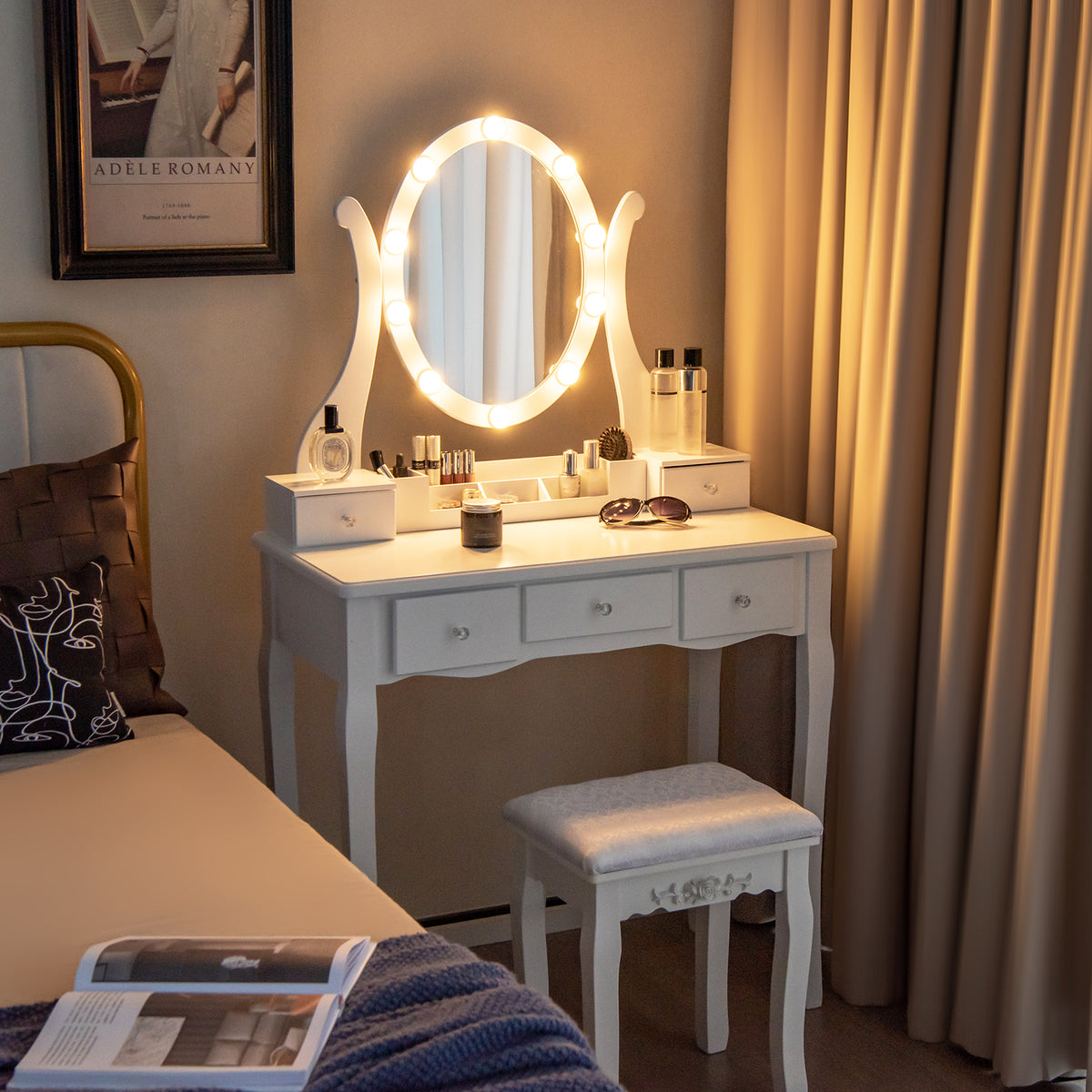 Vanity Table Set with 3-Color Lighted Rotatable Mirror, Dressing Table & Stool Set with 10 LED Bulbs