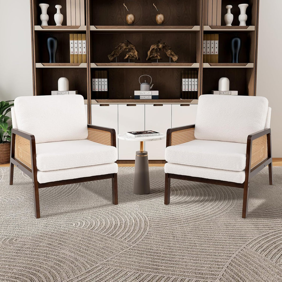 Goflame Mid Century Modern Accent Chair, Boho Boucle Living Room Arm Chair w/Rattan Arms