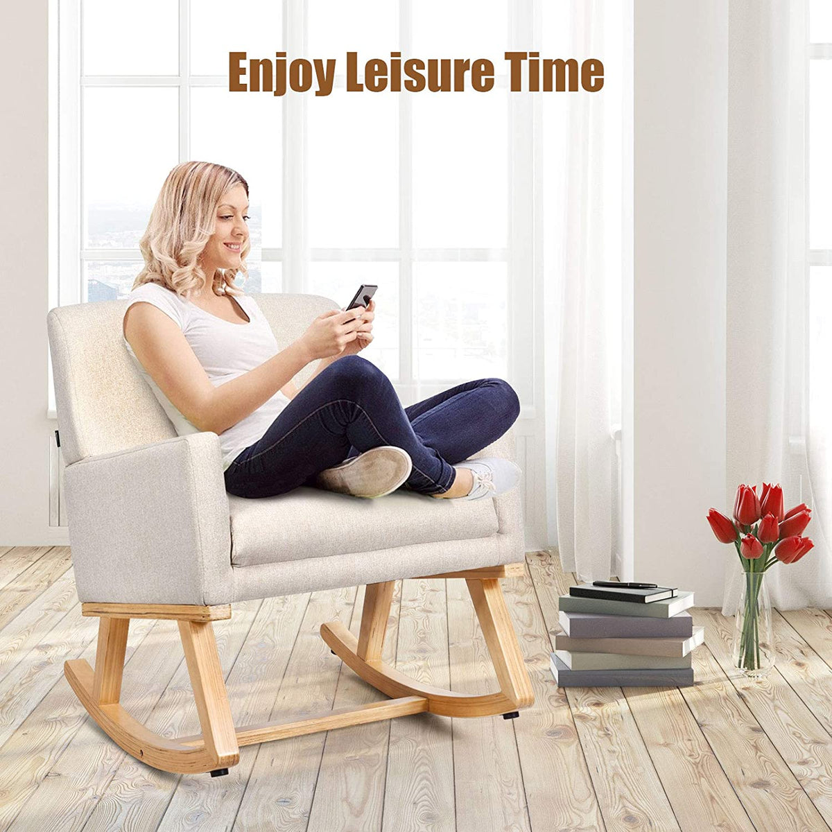 Goflame Upholstered Rocking Chair with Fabric Padded Seat and Solid Wood Base