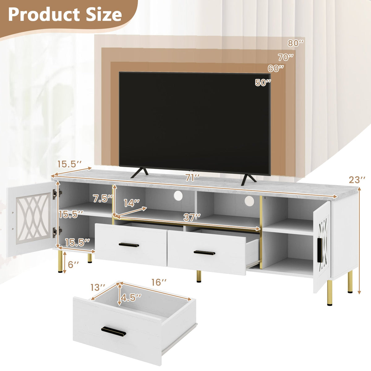 Goflame TV Stand for TV up to 80", 71-Inch Modern Entertainment Center with Glass Doors & 2 Storage Drawers