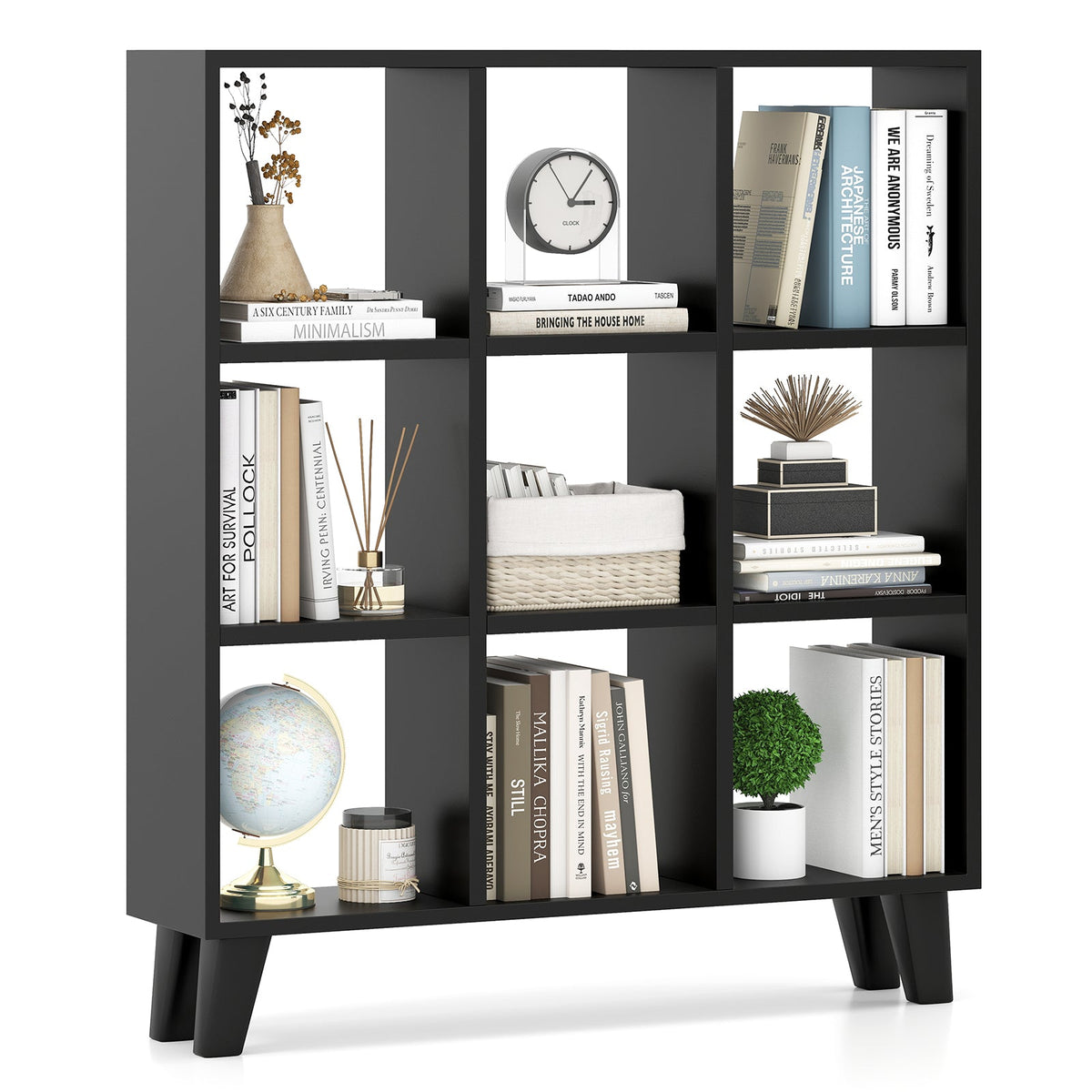 Goflame 9-Cube Open Bookcase, 3-Tier Freestanding Bookshelf with 4 Slanted Legs & 6 Removable Shelves