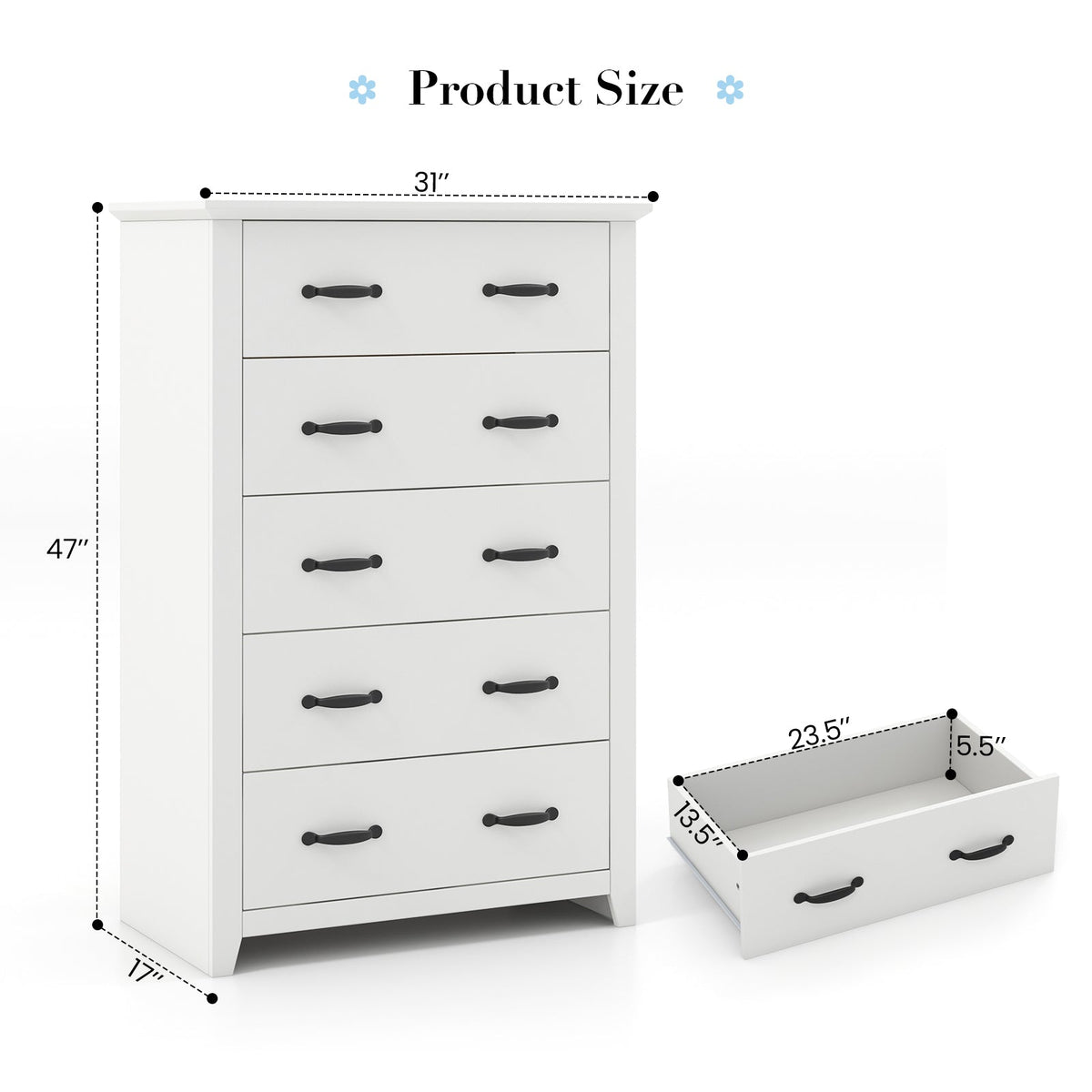 Goflame 5 Drawer Dresser Chest of Drawers - Vertical Dresser with 5 Pull-Out Drawers for Bedroom, Living Room, Entryway